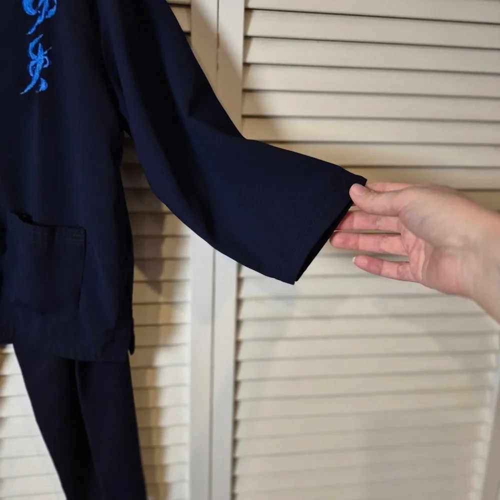 Vtg Mimi Kids Dragon Embroidered Asian Outfit Set‎ Navy Blue Top Pants Sz 10 Y2K